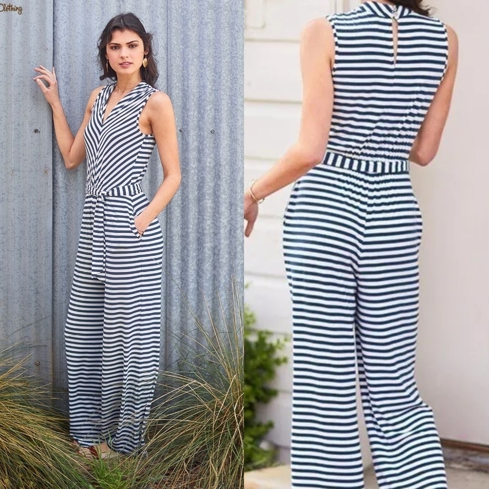 Matilda Jane x Joanna Gaines In Town Blue Striped Wide Leg Tie-Waist Jumpsuit S